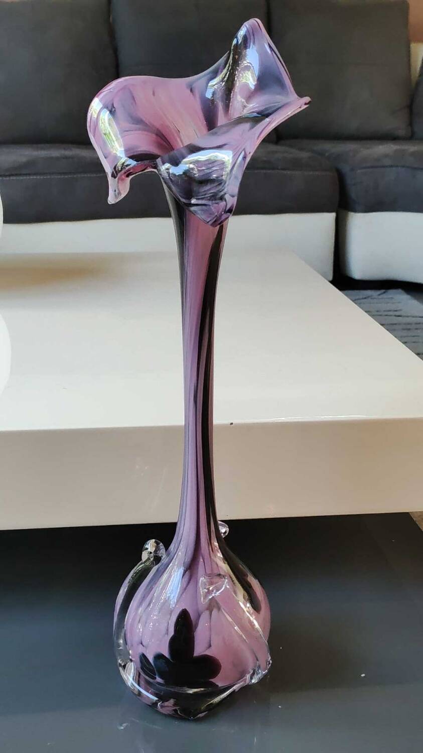 Elegant Large vase, Murano/Italy. Floral/Calla shape collar. Decorated with scrolls/lilac/plum waves. High 43 cm