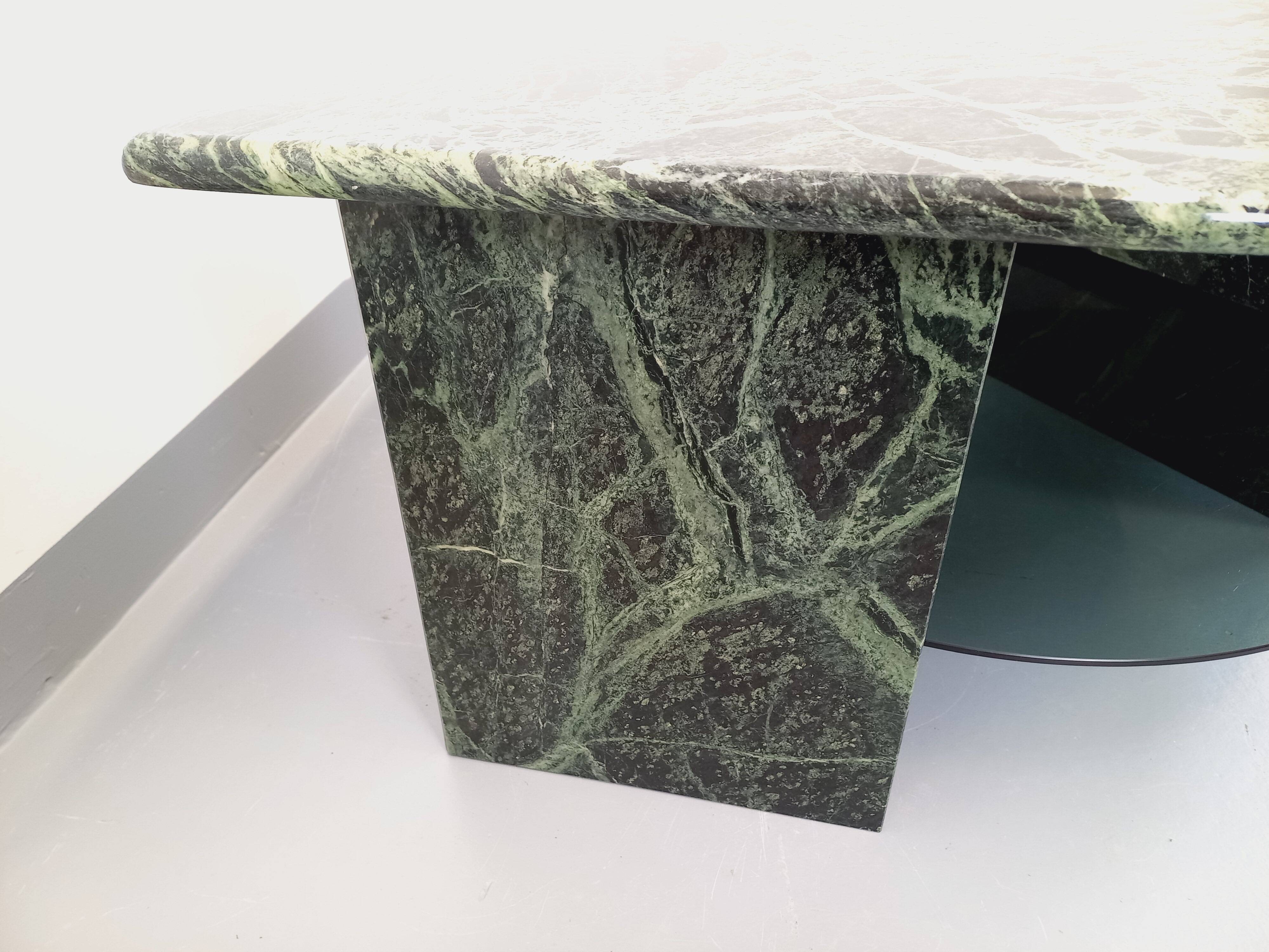 Vintage square coffee table with 2 green marble and smoked glass tops