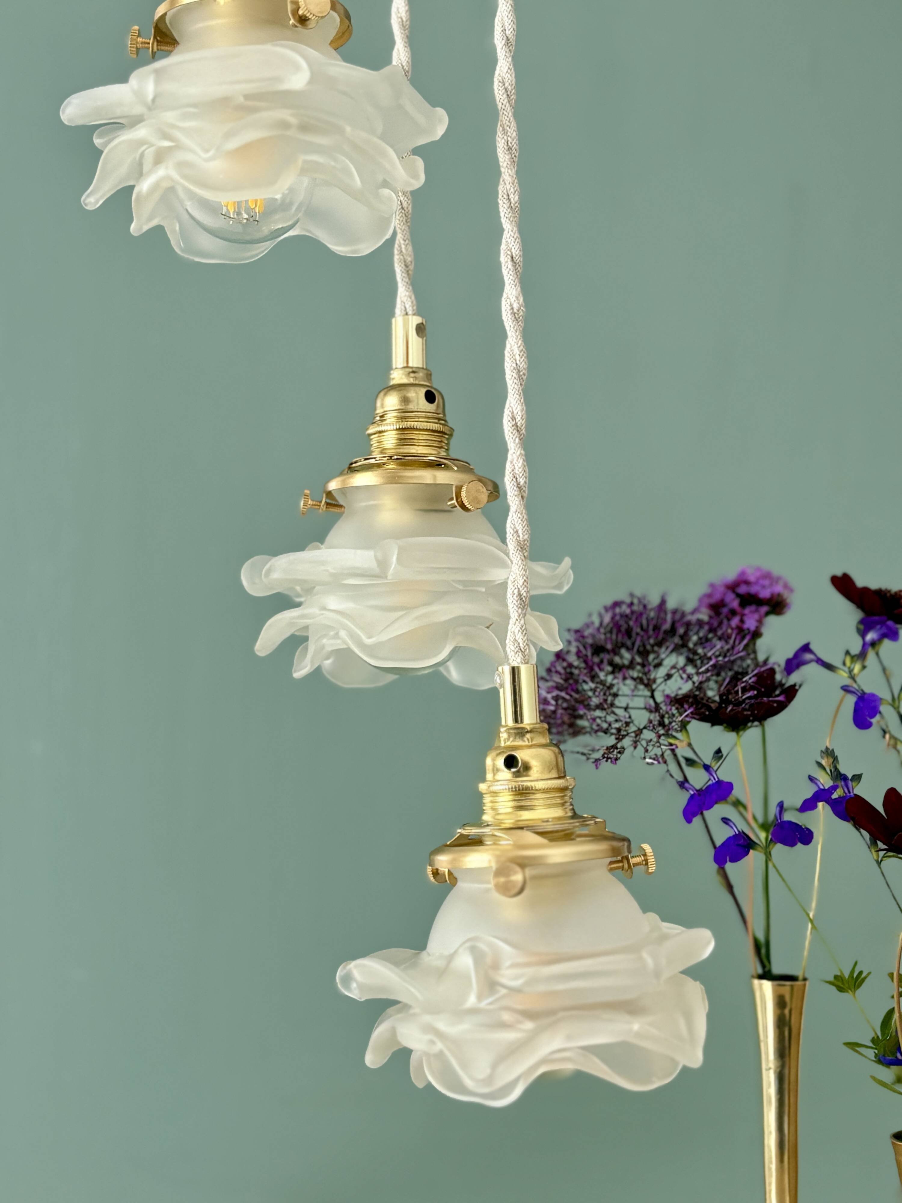 Vintage triple tulip pendant light in frosted glass in the shape of flowers