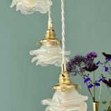 Vintage triple tulip pendant light in frosted glass in the shape of flowers