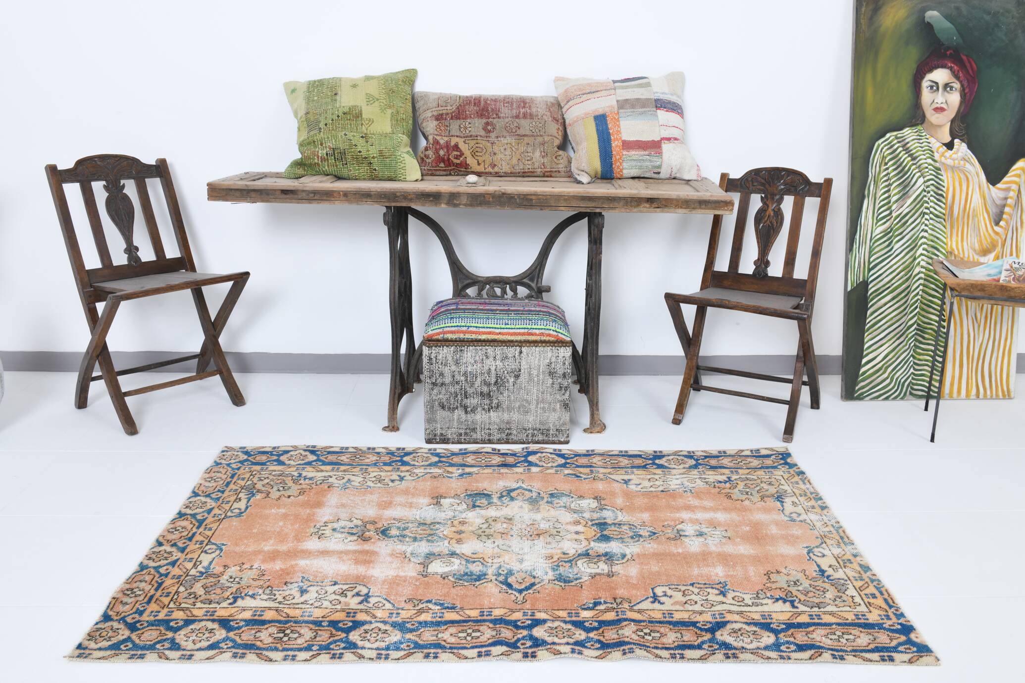 3x6 Rug For Living Room Pale Orange Blue Handmade Turkish Rug, 104x176Cm