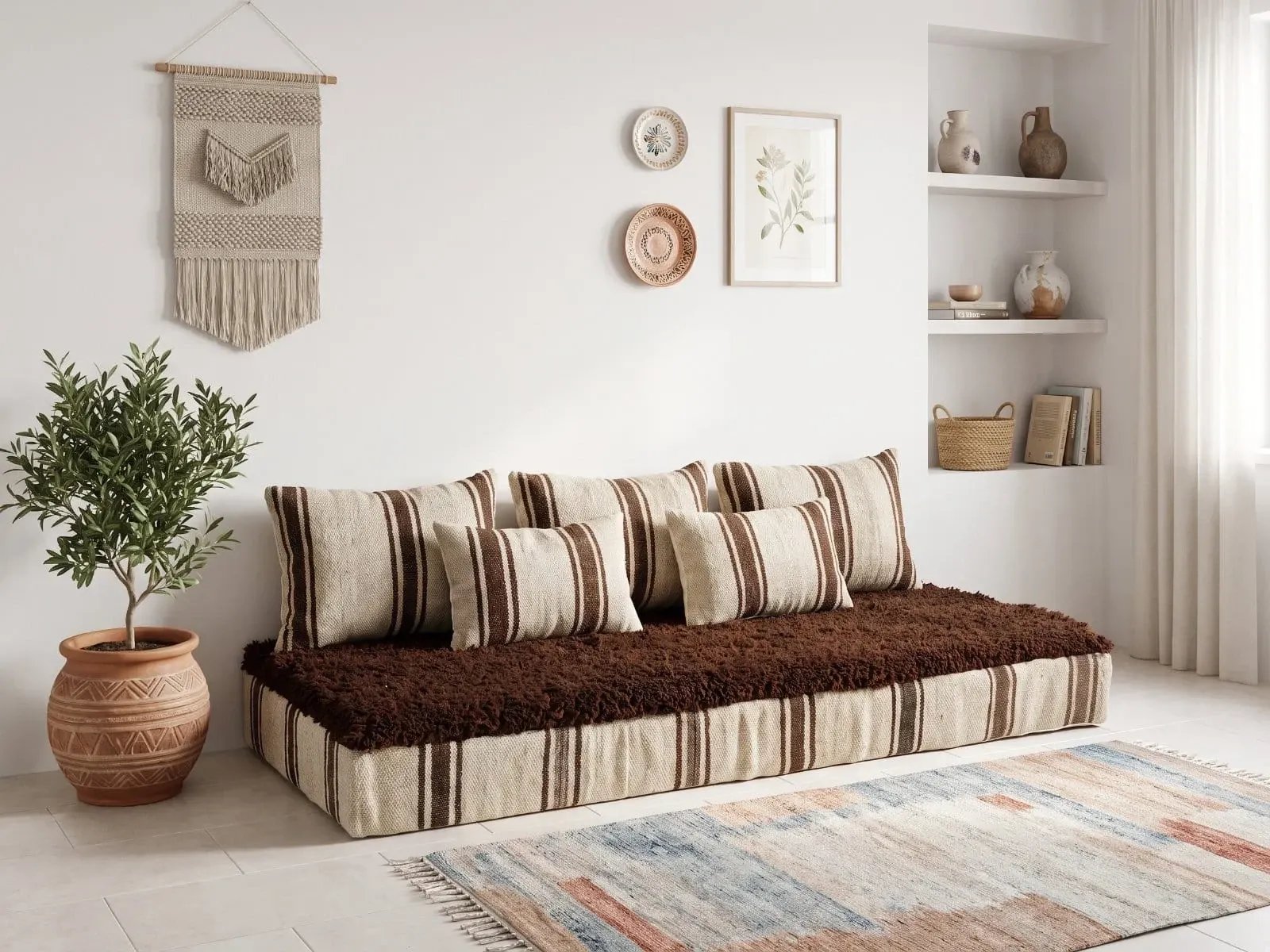 Striped coffee Hanbel floor cushion – Handwoven ivory wool