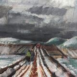 Vintage mid century modern winter landscape framed oil painting - the long road