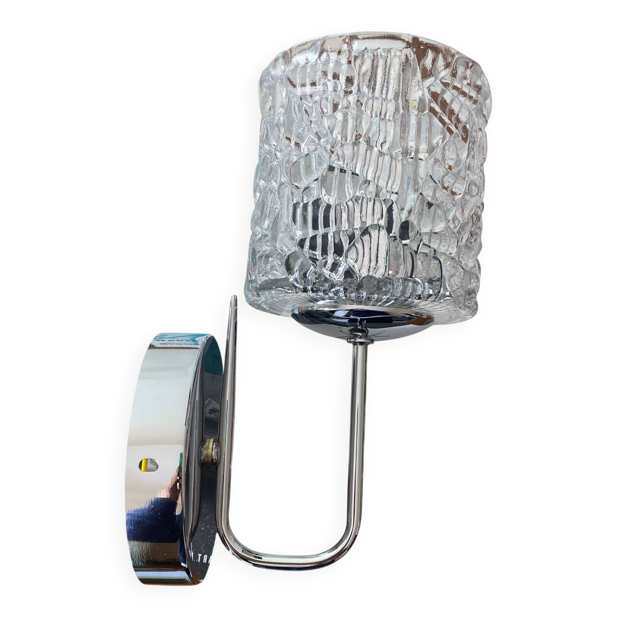 Swan neck wall light in stainless steel, thick glass shade, stainless steel rose.