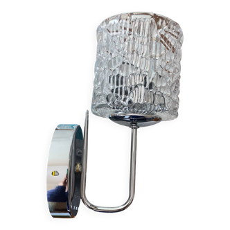 Swan neck wall light in stainless steel, thick glass shade, stainless steel rose.