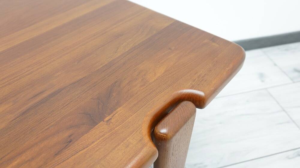 Elegant bench in vintage solid teak wood. after professional renovation.