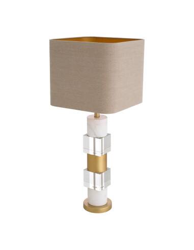 Pair of table lamps in patinated brass, white marble and crystal.