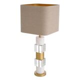Pair of table lamps in patinated brass, white marble and crystal.