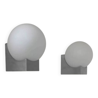 Pair of wall lights in brushed metal and opaline glass, France 1970