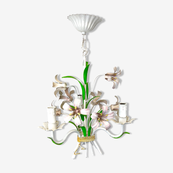 Chandelier bouquet of flowers in painted metal - flowers and foliage in volume - 3 ampoules