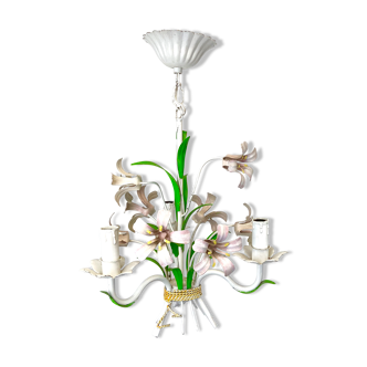 Chandelier bouquet of flowers in painted metal - flowers and foliage in volume - 3 ampoules