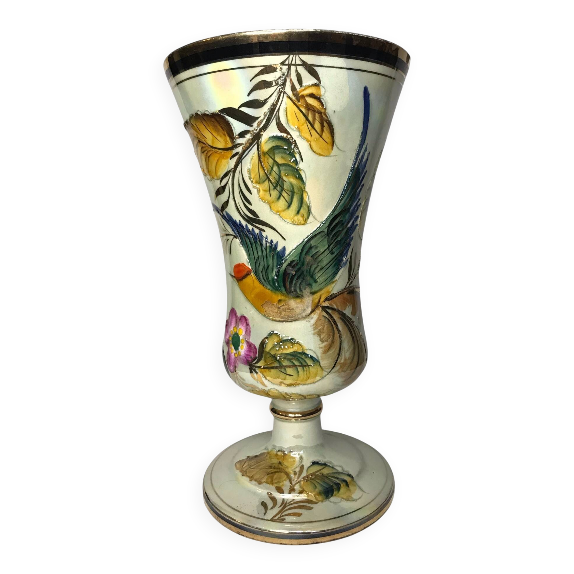 Bequet Quaregnon, pedestal vase with bird decoration circa 1950
