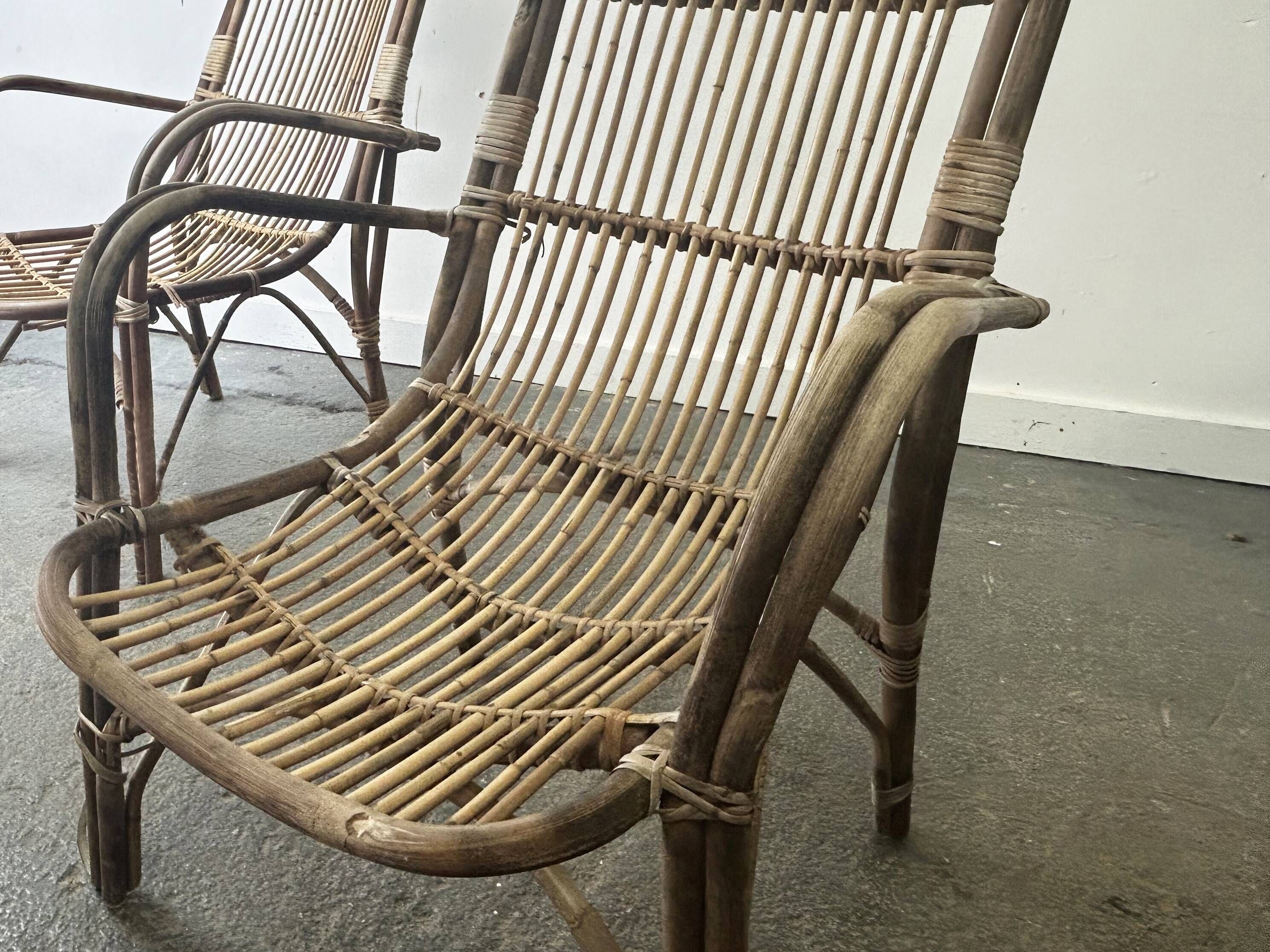 Pair Mid-Century 1960s Vintage Rattan Bamboo Lounge Arm Chairs