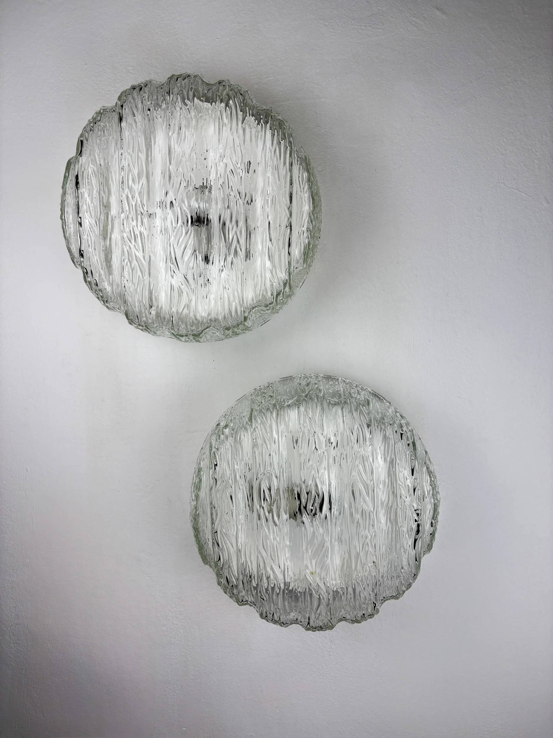 Pair of frozen glass round sconces, Germany, 1960s