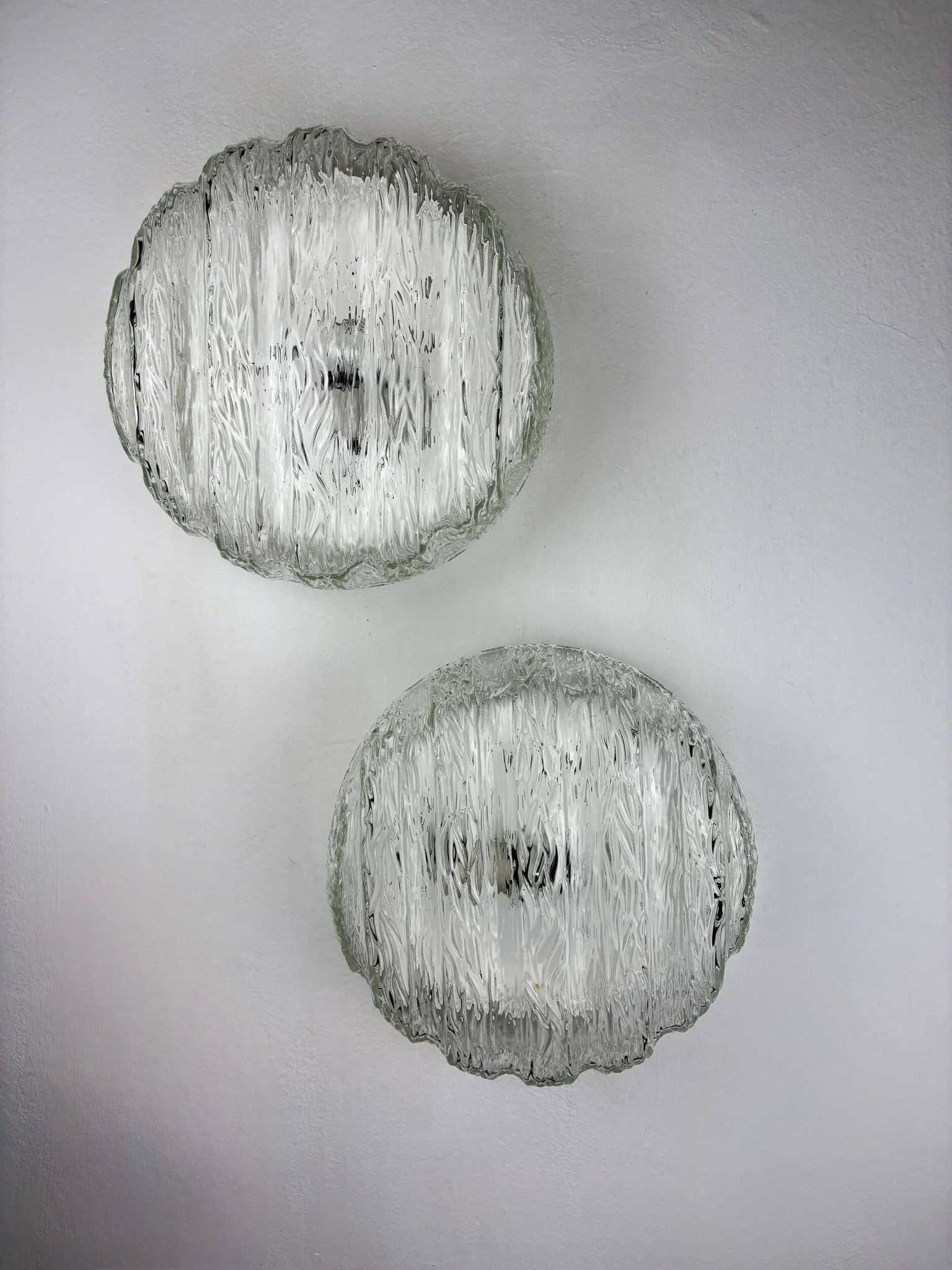 Pair of frozen glass round sconces, Germany, 1960s