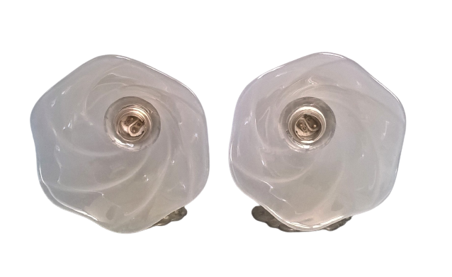 Pair of vintage rococo style sconces in patinated tin and frosted glass - 70's