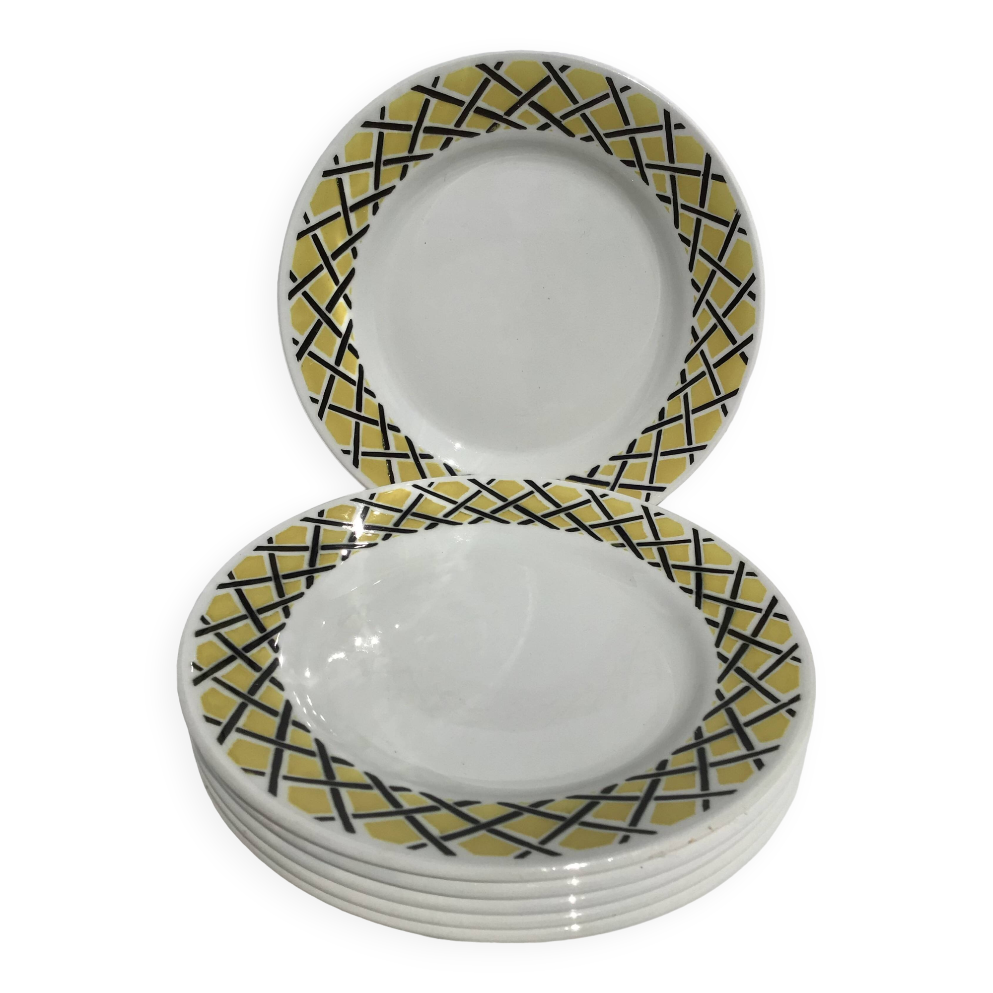 6 Assiettes dessert motif tressage jaune et noir