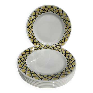 6 Dessert plates with yellow and black braiding pattern