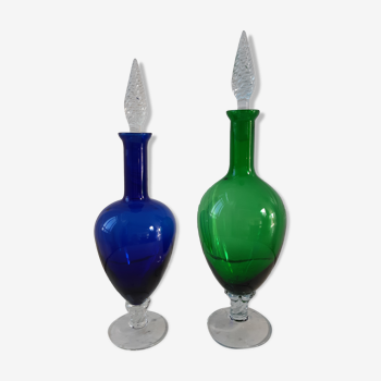Duo de carafes en verre empoli bleu roi et vert années 60-70