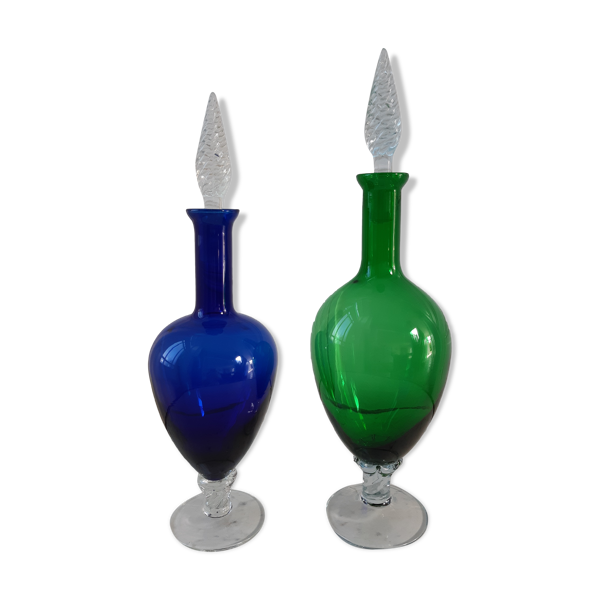 Duo de carafes en verre empoli bleu roi et vert années 60-70