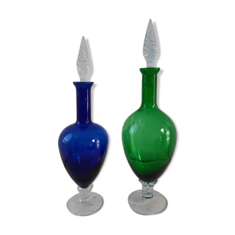 Duo of royal blue and green polished glass decanters 60s-70s