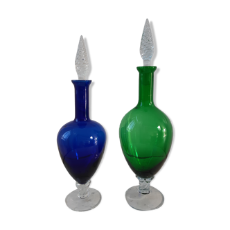 Duo de carafes en verre empoli bleu roi et vert années 60-70