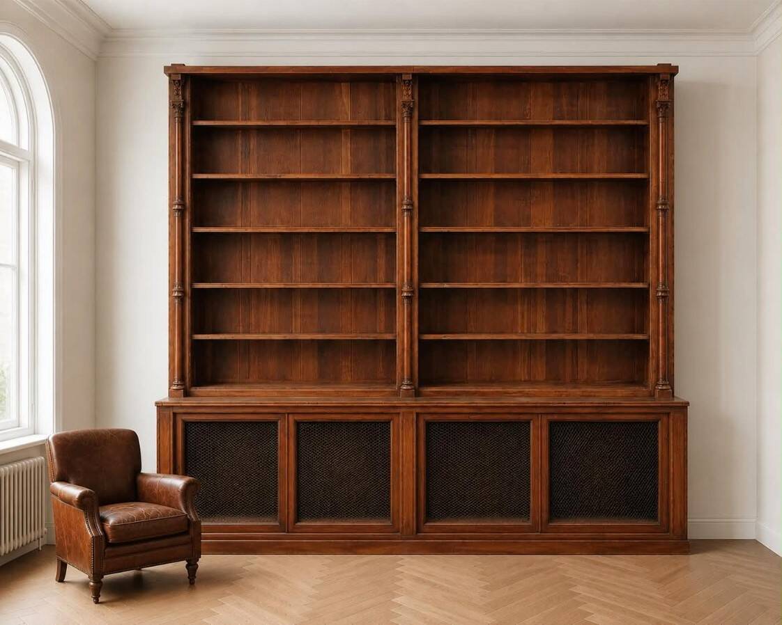 Imposing two-body buffet/library in solid oak and walnut from the Napoleonic III period.