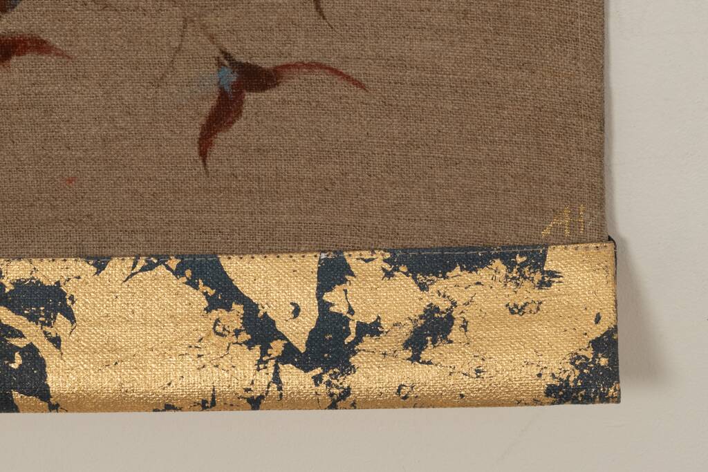 Canvas painted with a peacock design on a branch, contemporary work.