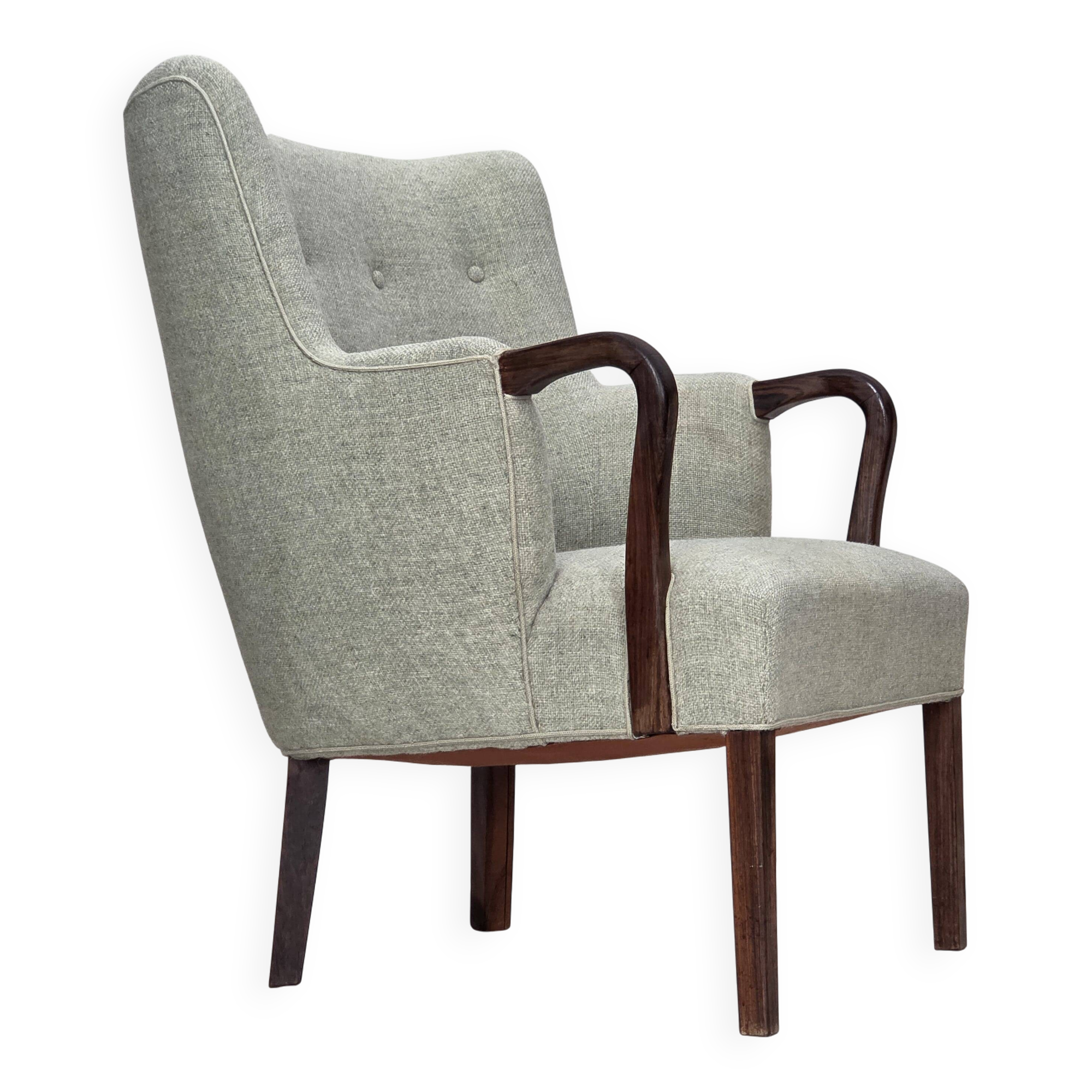 1960s, Danish armchair, original light grey furniture wool, teak wood.