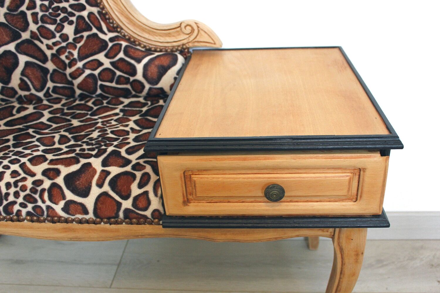1970s armchair telephone cabinet - leopard giraffe fabric