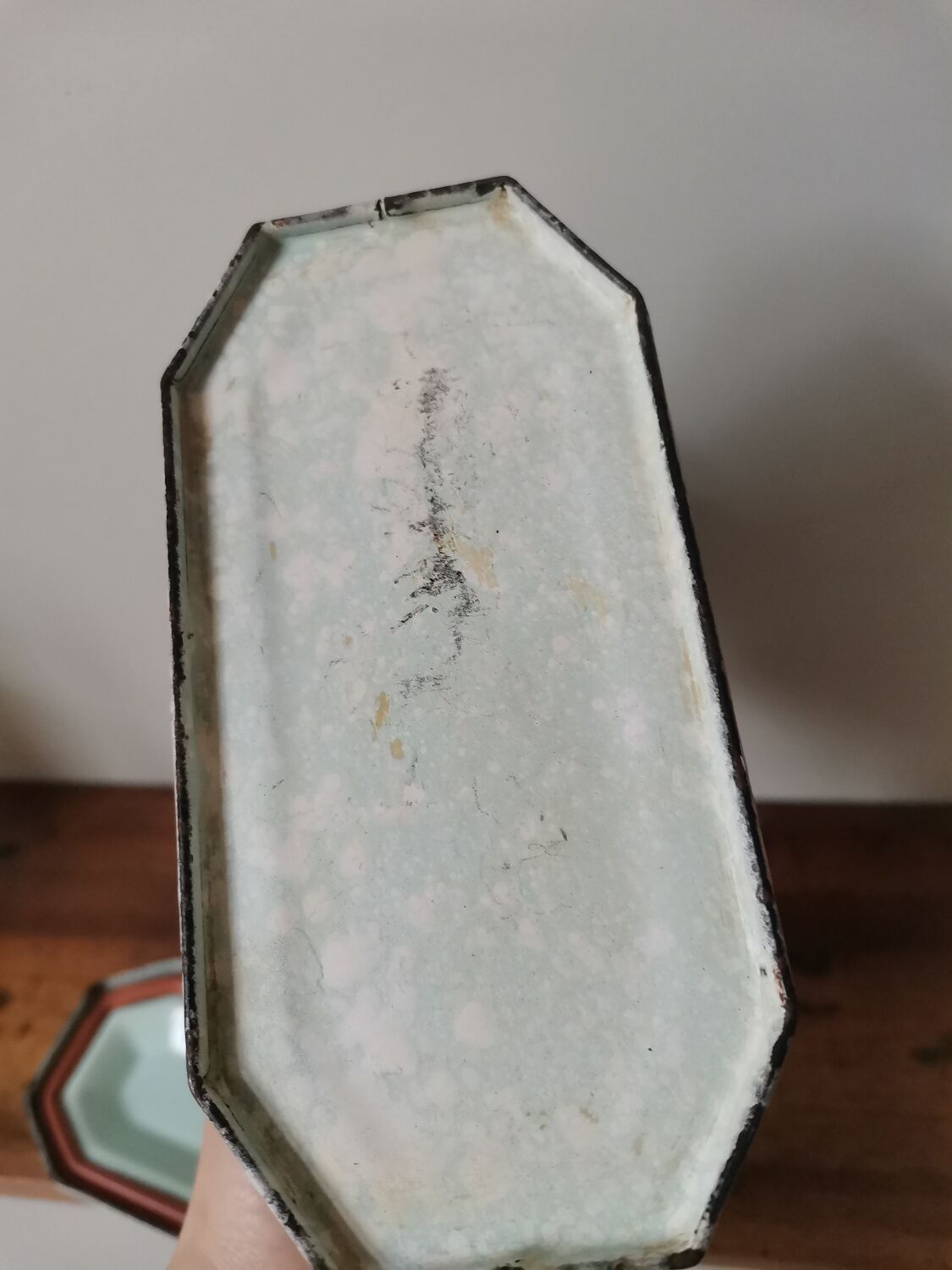 Vintage blue and white speckled enamelled metal lunch box