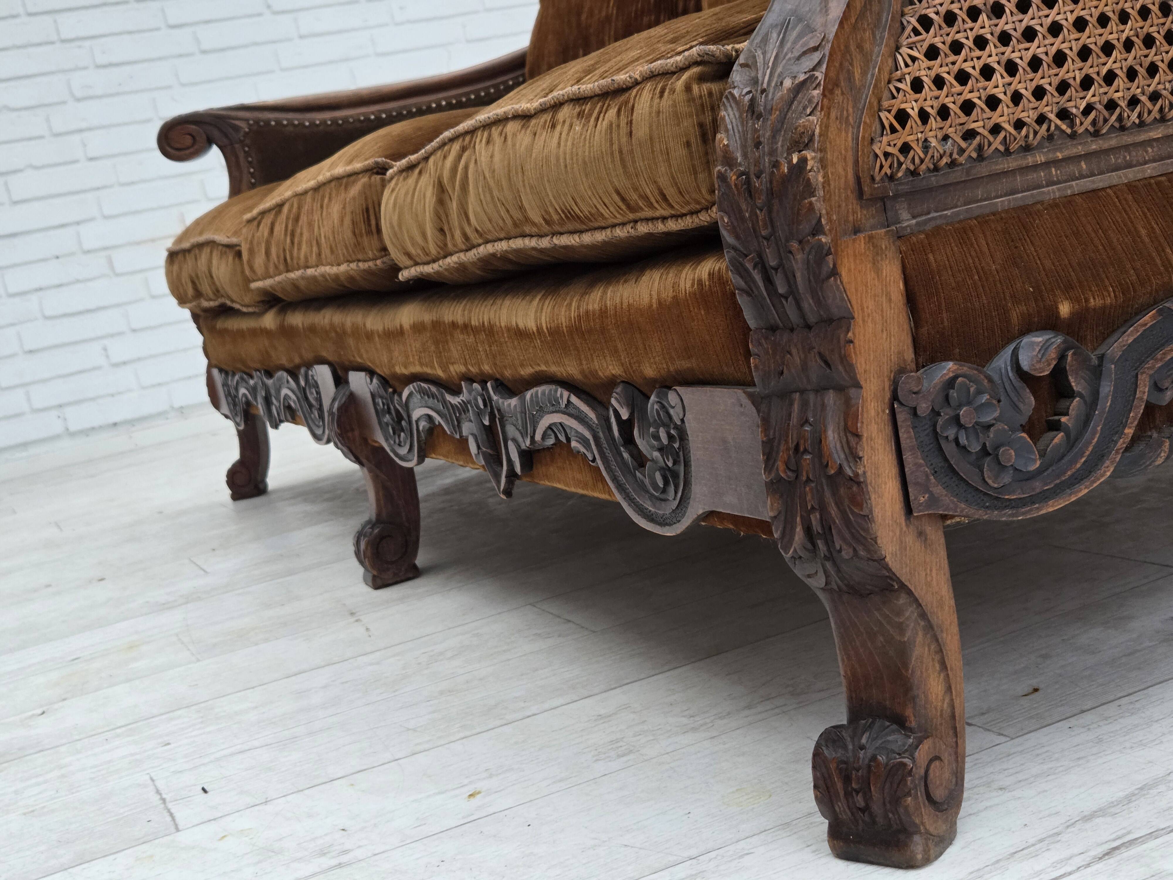 1930-35s, Danish 3-seater sofa, furniture velour, furniture mesh, ash wood.