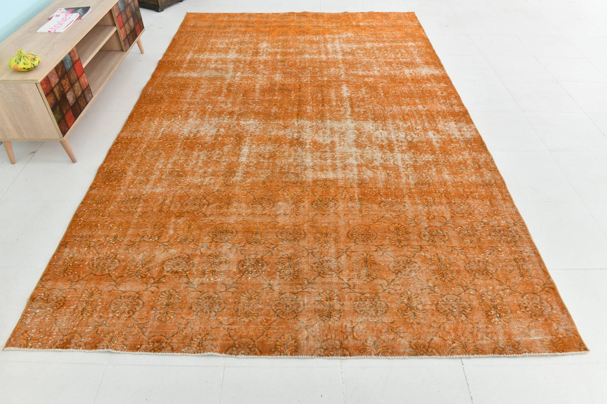 Tapis Vintage Orange Ocre Patiné, Style Bohème Chic