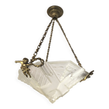 Art Deco Chandelier/Ceiling Light/Cast Glass Pyramid Shape & Angelo Frame