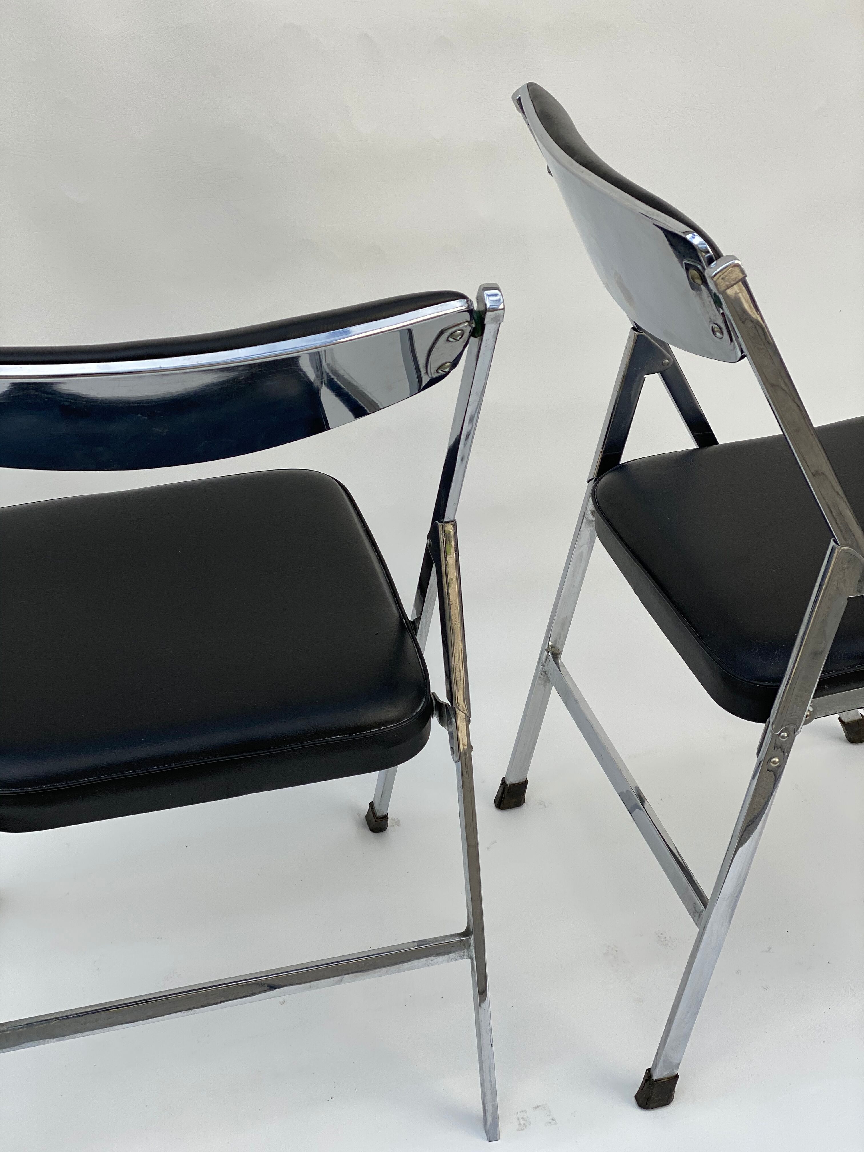 Pair of italian chrome and leather folding chairs