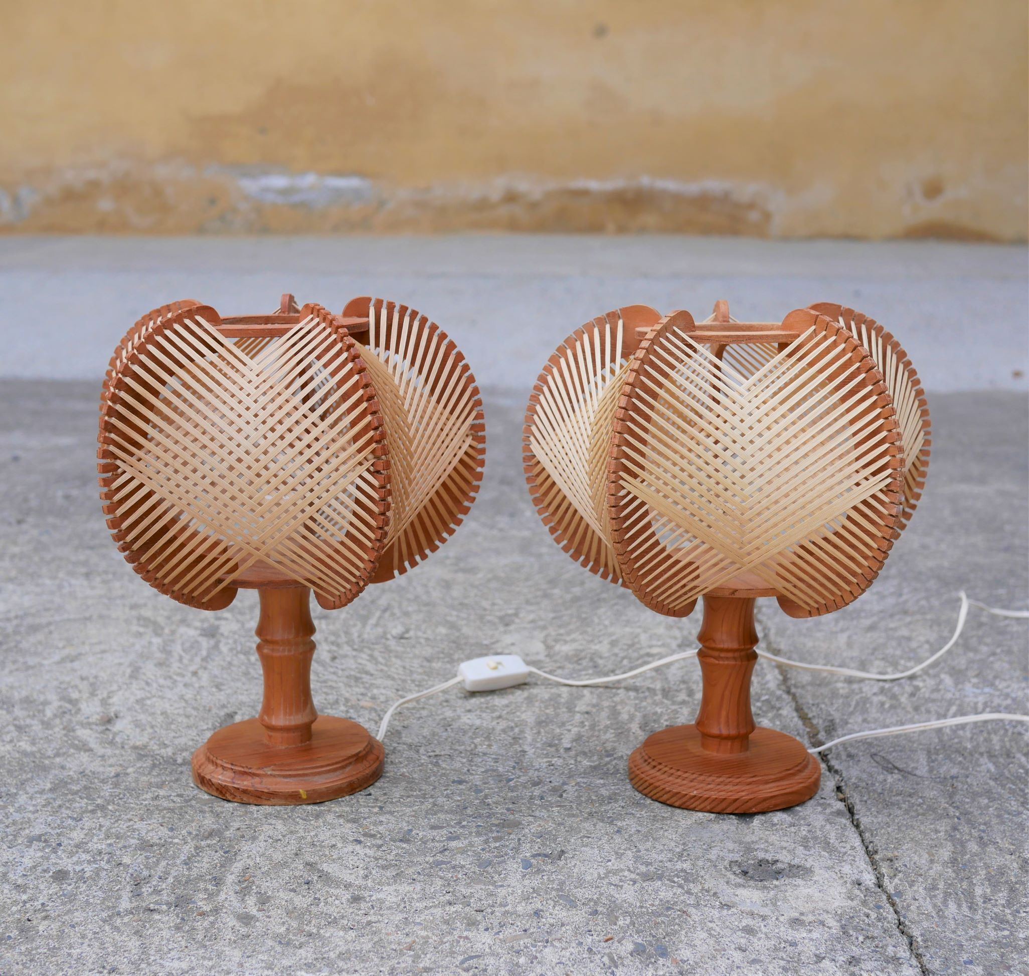 Pair of Scandinavian vintage wood and wire bedside lamps