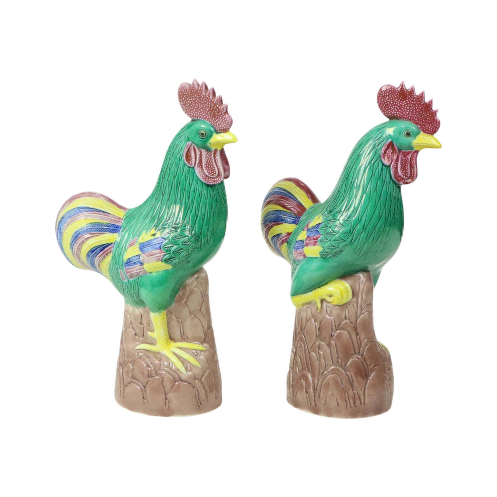 Pair of Glazed Polychrome Roosters Chinese Porcelain 34cm