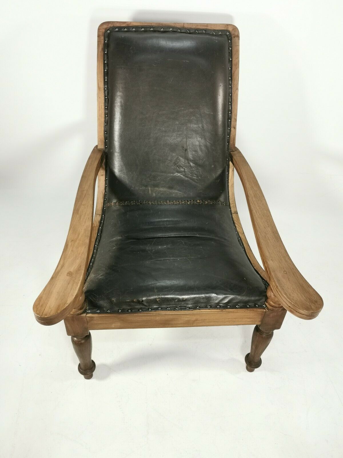 Antique 19th Century Restored British Colonial Plantation Chair Leather Seat