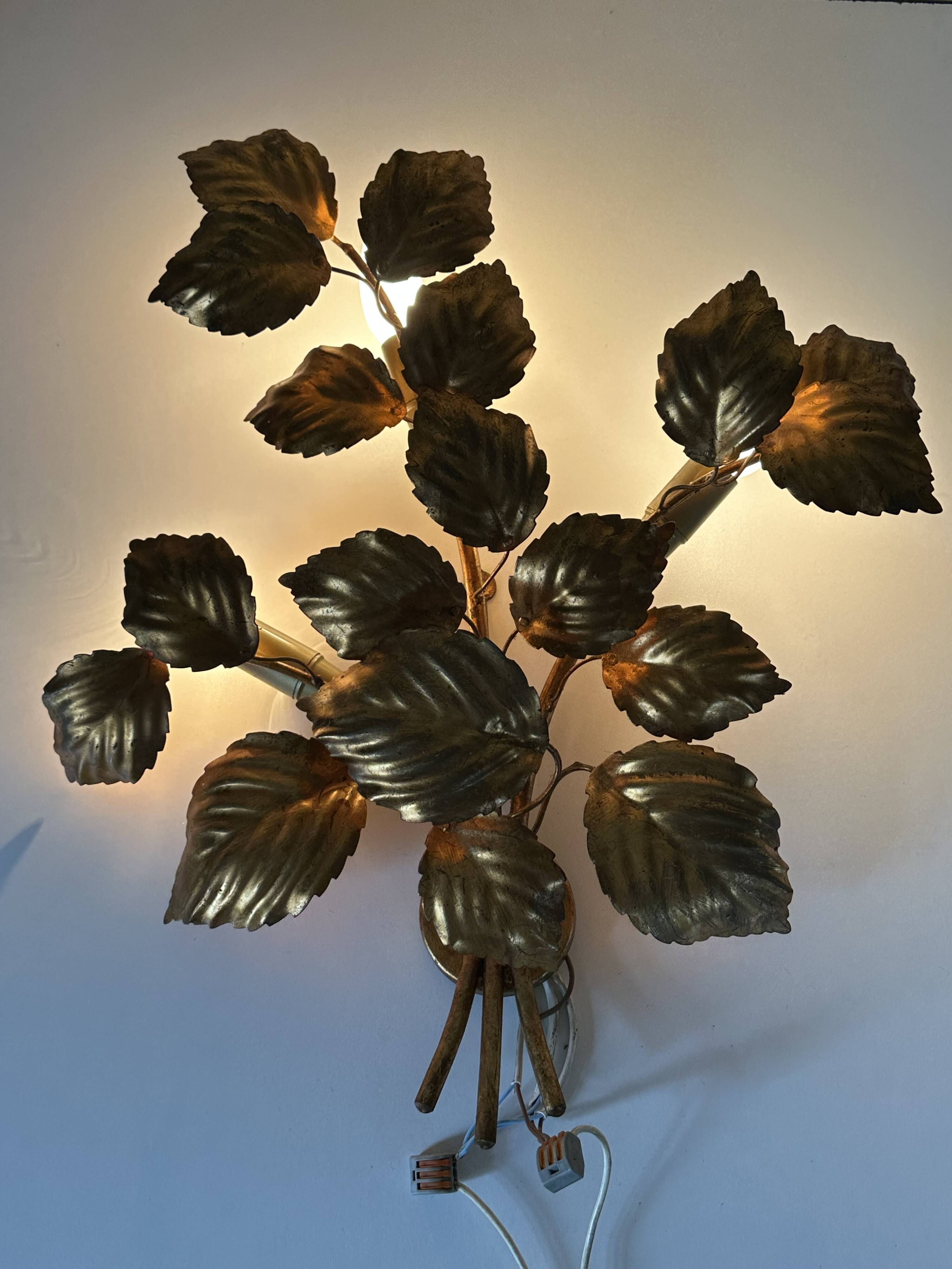Large golden leaf wall lamp vintage design 70s