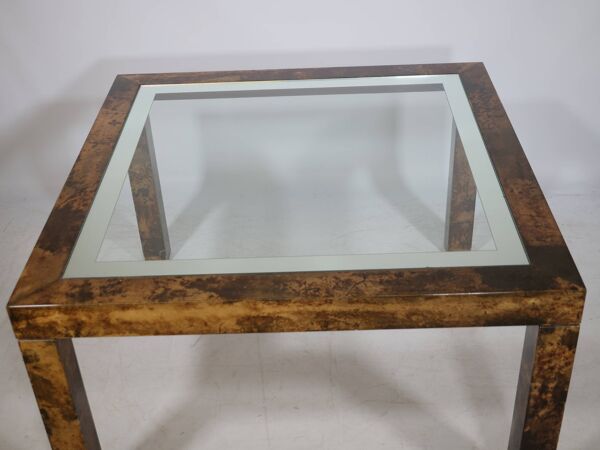Table basse design Aldo Tura, en verre, cuir de chèvre et parchemin – Table d'appoint 1978