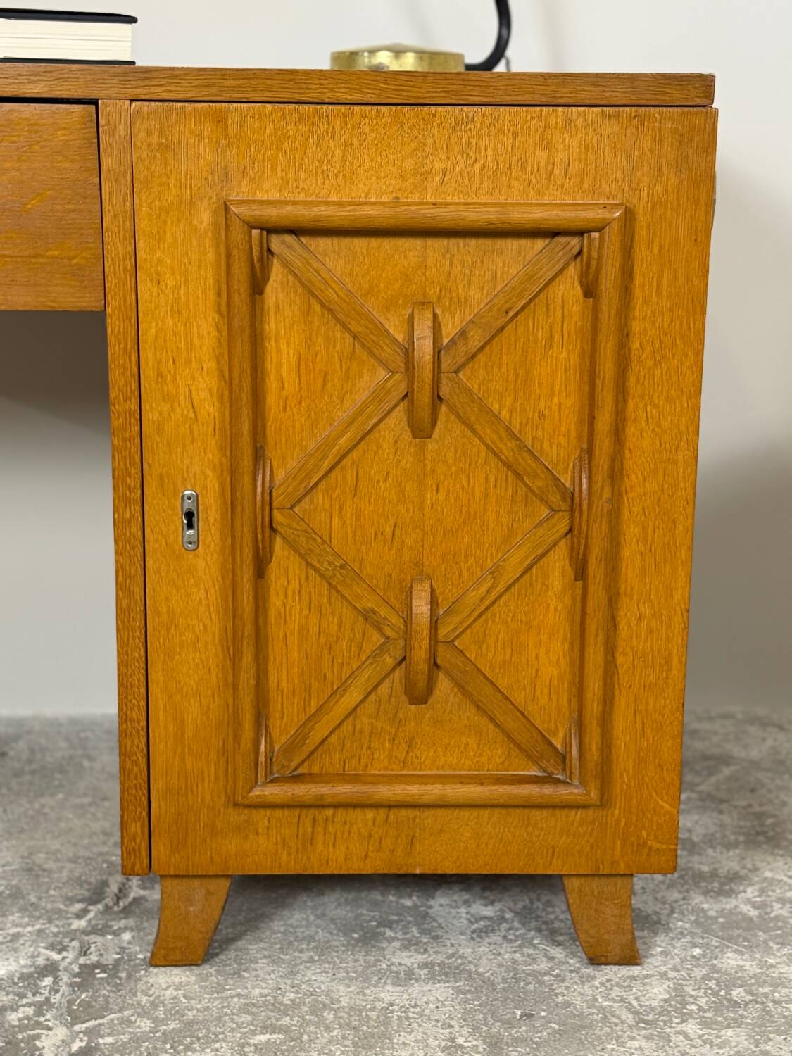 Vintage 1950s honey oak desk - tapered legs - unique piece