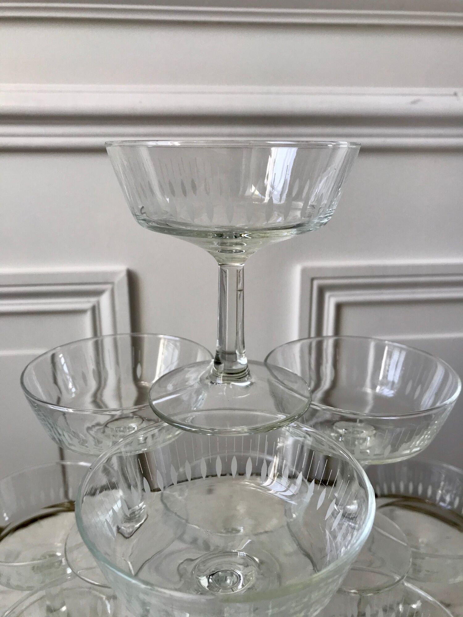 Lot de 10 coupes à champagne en verre cristallin années 50-60
