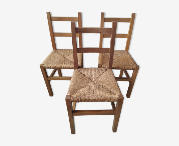 Trio de chaise bois et paille design epuré