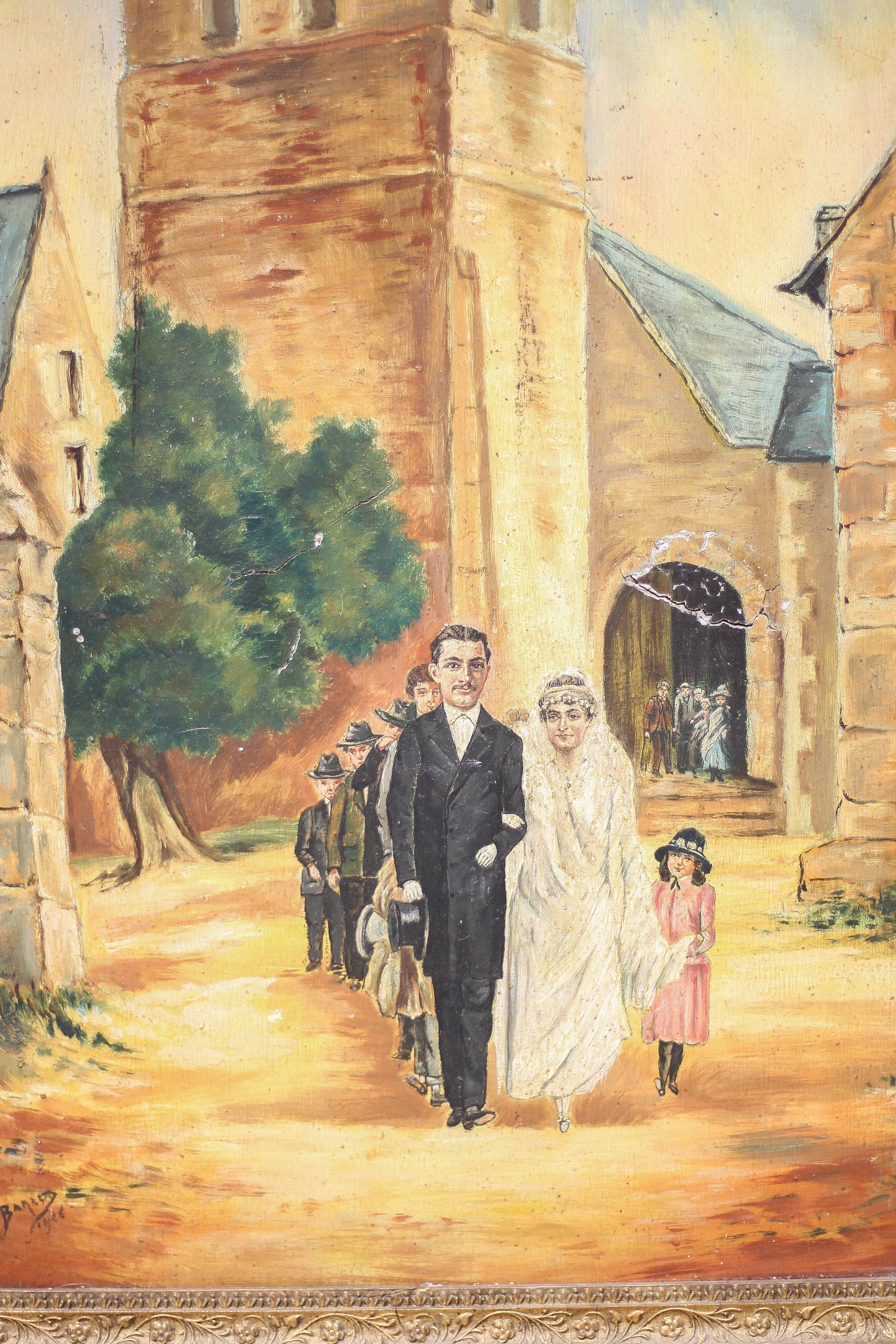 Signed painting, wedding painting in village, large framed painting