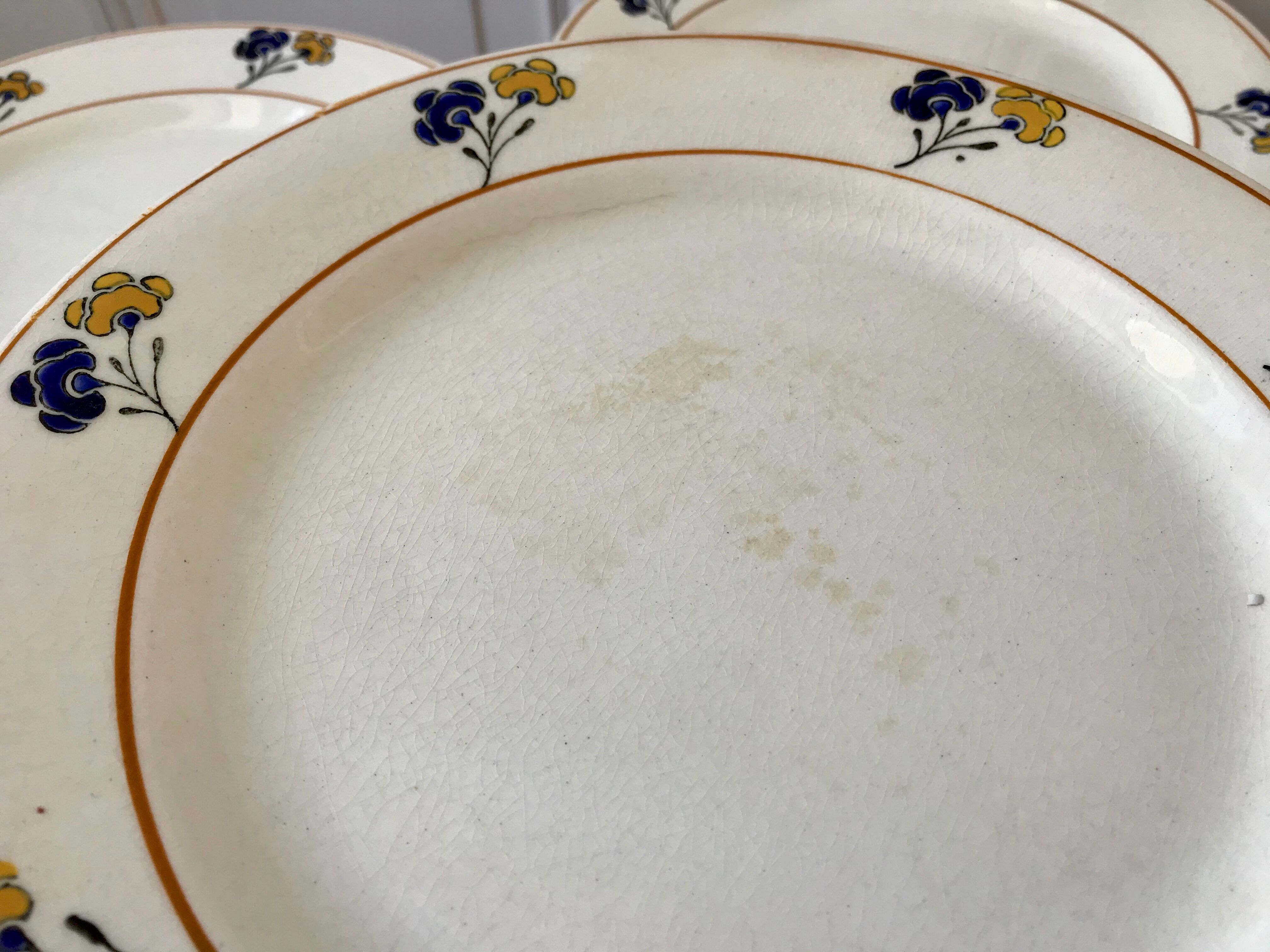 Lot de 7 assiettes plates Terre de Fer modèle "Romeo" début XXème