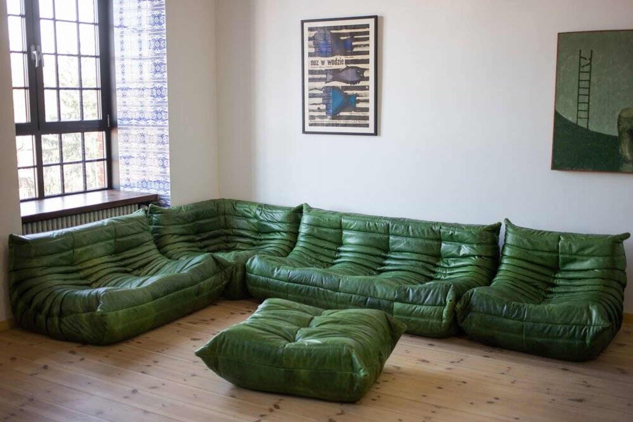 Green leather Togo living room set by Michel Ducaroy for Ligne Roset, 1979, set of 5