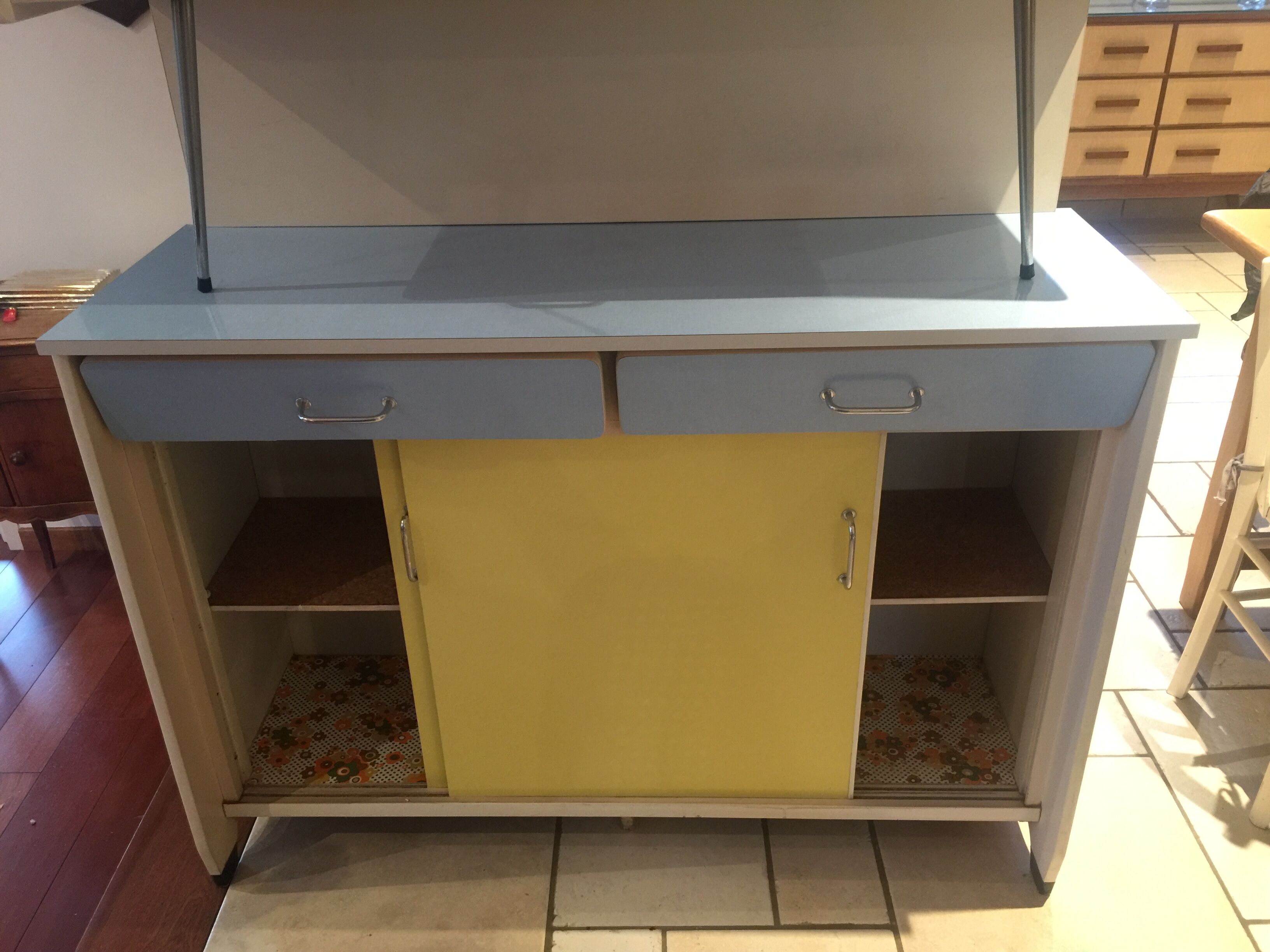 Blue and yellow formica buffet