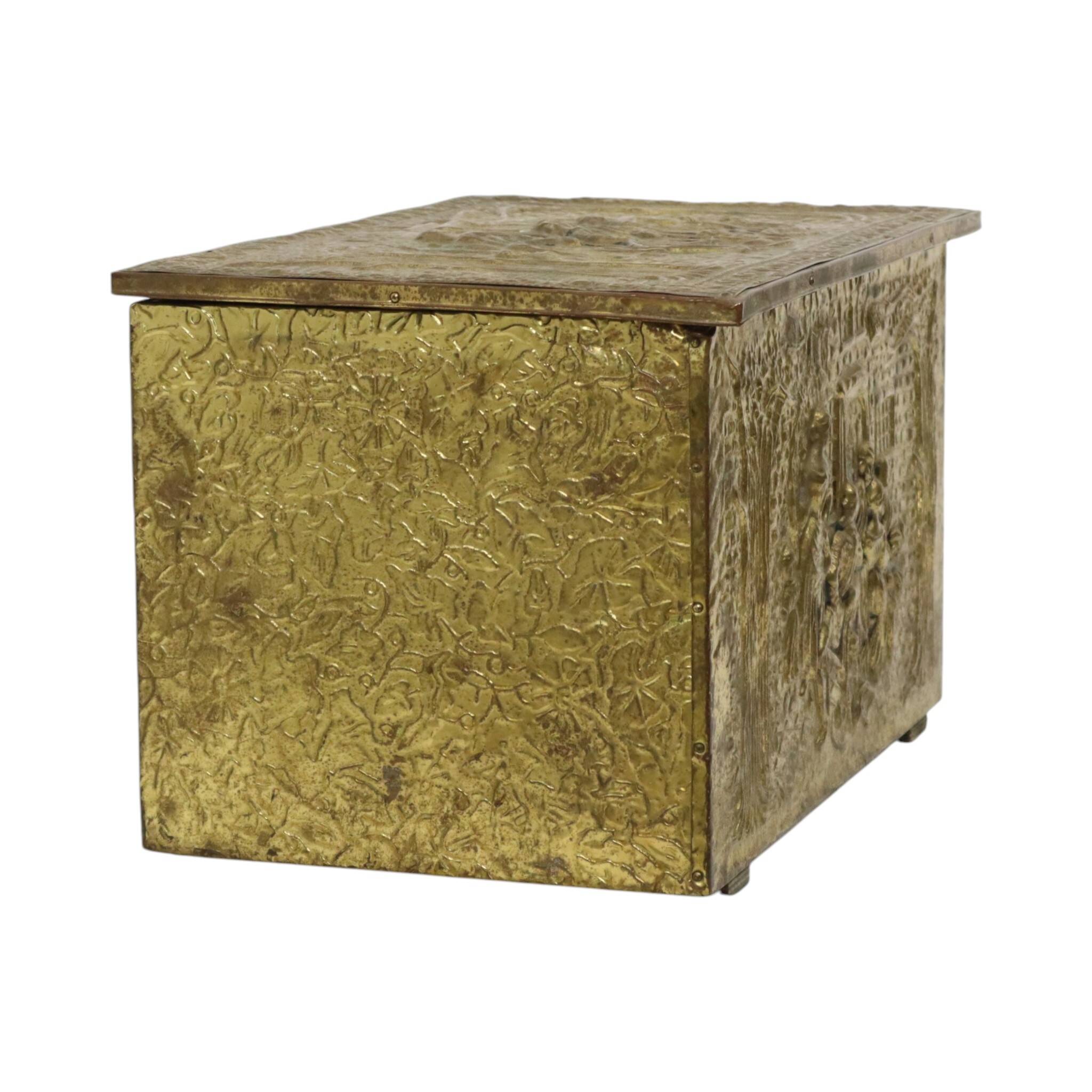 Large Repoussé Chest Coal Fireplace Brass Wood Early 20th Century