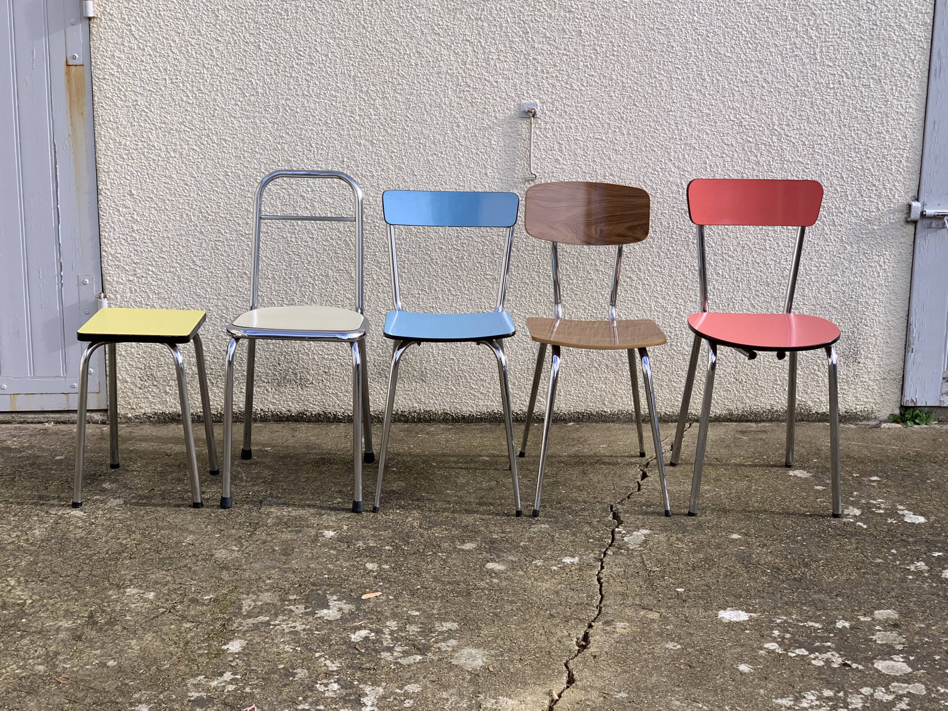 Mismatched formica chairs and stool 1960