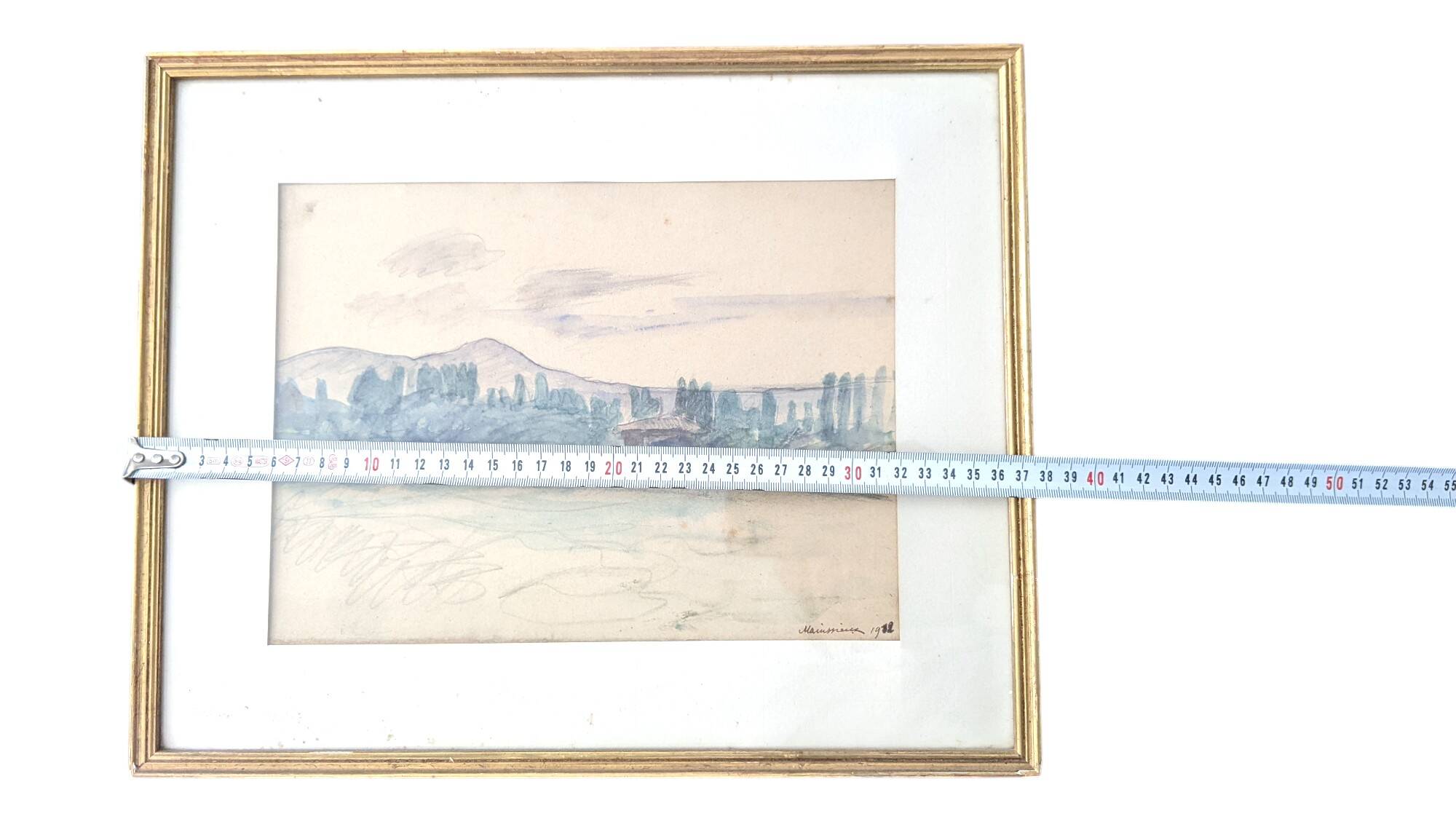 Watercolor landscape Voirons by Lucien Mainssieux 1932 framed in gold frame